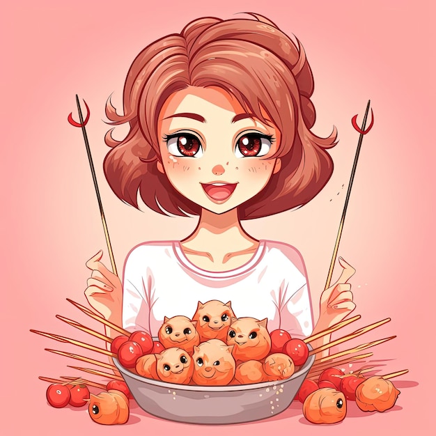 lindo personaje de dibujos animados comiendo brochetas de pollo al estilo de naoko takeuchi