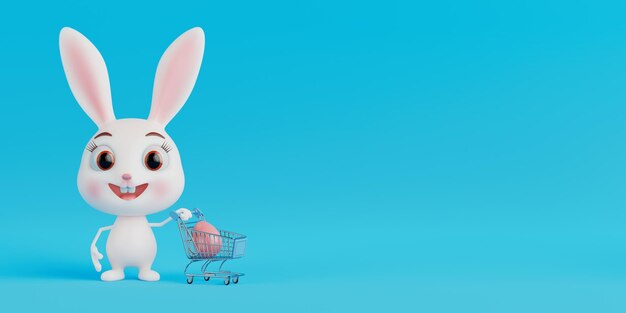 Lindo personaje de dibujos animados de conejo persona con huevo de Pascua azul en el carrito de compras 3d Rendering