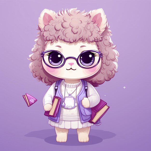 Lindo personaje de dibujos animados de estudiante alpaca sosteniendo libros