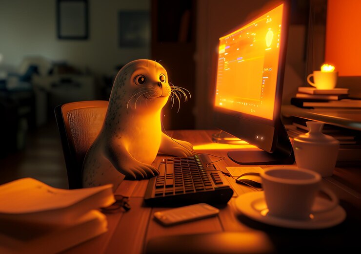 Foto un lindo personaje de dibujos animados de foca trabajando tarde en la noche en una computadora