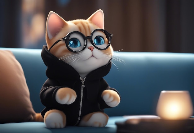 Un lindo personaje de dibujos animados de gato con ojos azules claros sentado en un sofá y con una sudadera negra