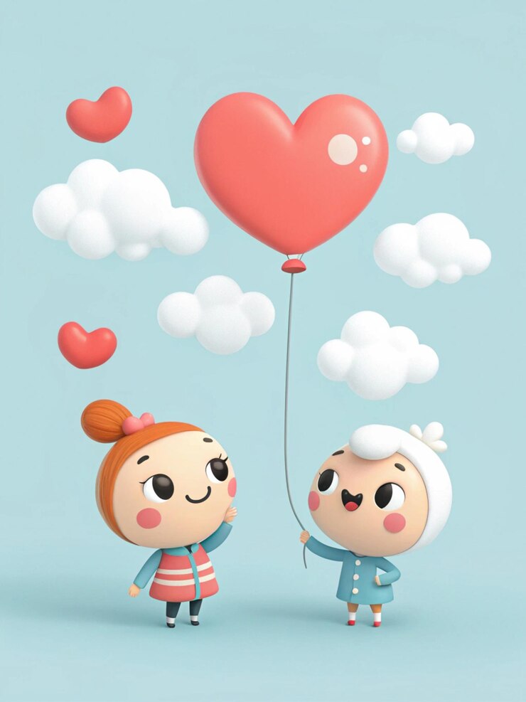 Un lindo personaje de dibujos animados con un globo de corazón y nubes sobre un fondo azul claro