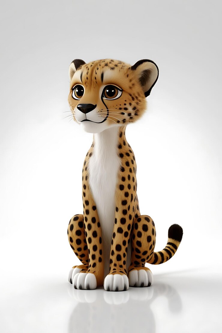 Un lindo personaje de dibujos animados de guepardo en 3D sobre un fondo blanco
