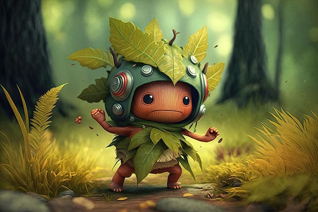 Lindo personaje de dibujos animados con hoja en la cabeza bailando en el bosque