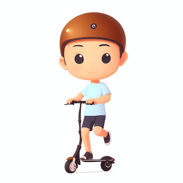 Un lindo personaje de dibujos animados monta un scooter con un fondo blanco y una camiseta azul AI