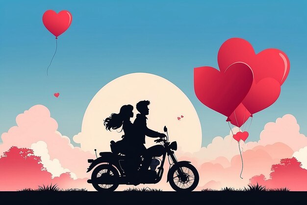 Foto lindo personaje de dibujos animados silueta y estilo de papel amor del día de san valentín globo volando sobre pareja con corazón flotando en el cielo pareja bicicleta motocicleta viaje de luna de miel con vector de espacio de copia