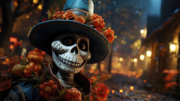 Lindo personaje de dibujos animados sonriente del Día de los Muertos Día de Muertos