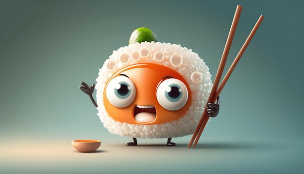 El lindo personaje de dibujos animados de sushi en 3D