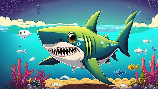 El lindo personaje de dibujos animados de tiburón bajo el agua en el océano