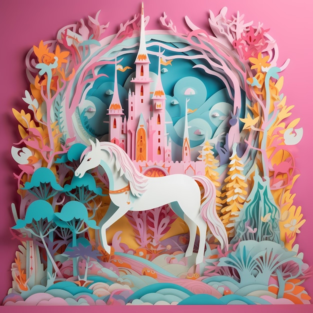 lindo personaje de dibujos animados de unicornio con castillo papel 3d AI generativa