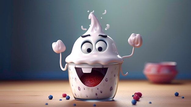Lindo personaje de dibujos animados de un yogur divertido generado por IA