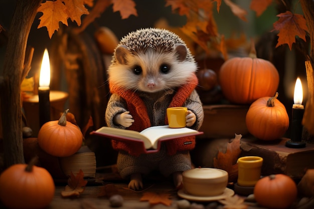 El lindo personaje de erizo leyendo un libro en casa en otoño.