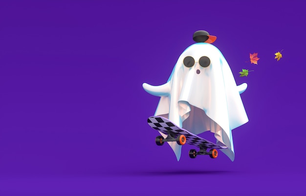 Lindo personaje fantasma de Halloween 3d jugar patineta Fondo de Halloween