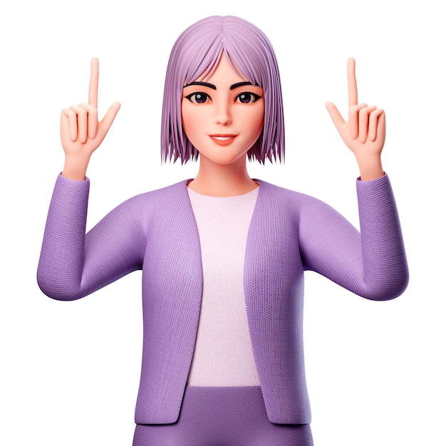 Foto lindo personaje femenino con vestido morado apuntando hacia la parte superior usando ambas manos representación de personajes 3d
