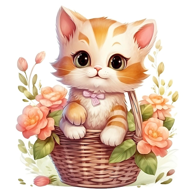 El lindo personaje de Gato Chibi sentado en una canasta con dibujos de flores