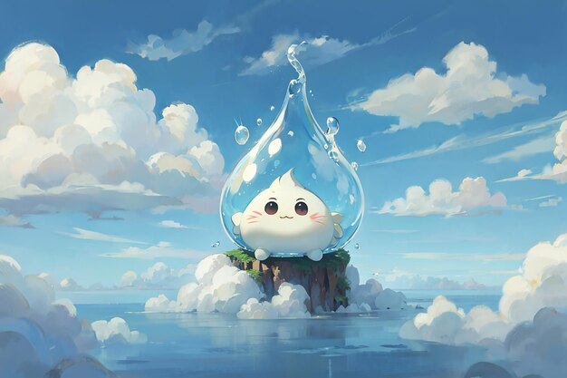 El lindo personaje de la gota de agua vive en una pequeña nube que aparece aburrido en el estudio Ghibli