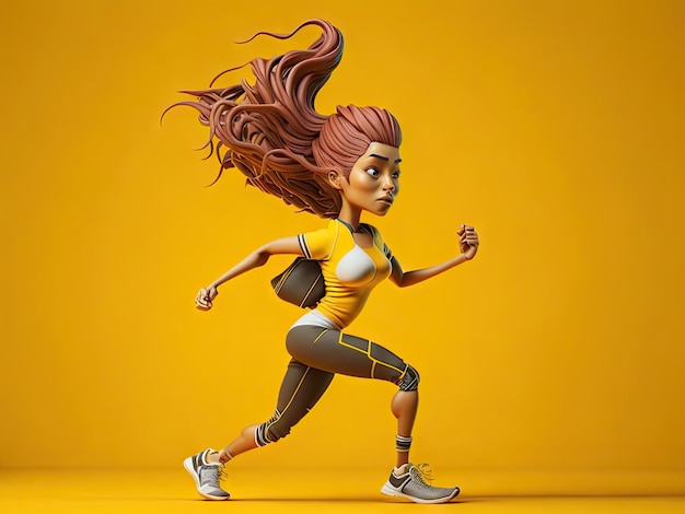 Lindo personaje de mujer corredor 3d en acción sobre fondo amarillo ai generativo