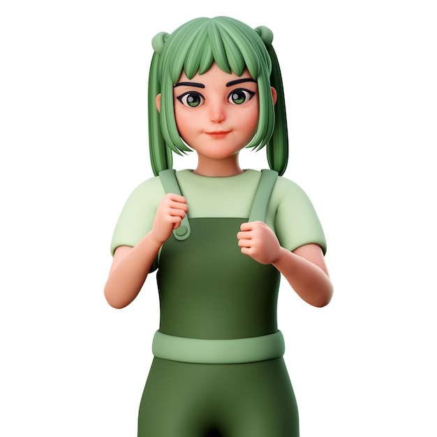 Lindo personaje de niña con gesto de puño en ambas manos listo para pelear 3D Render Ilustración