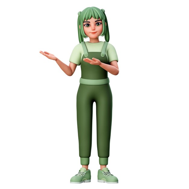 Lindo personaje de niña que presenta al lado izquierdo usando ambas manos 3D Render Illustration