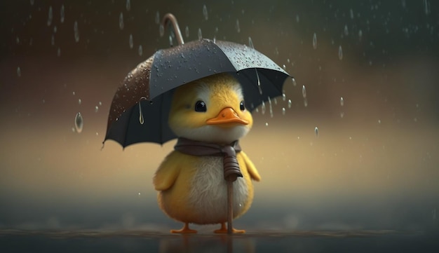 Lindo personaje de pato de dibujos animados sosteniendo un paraguas bajo la lluvia IA generativa