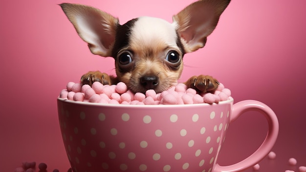 Lindo personaje de perro en una taza Lindo perro sobre un fondo suave