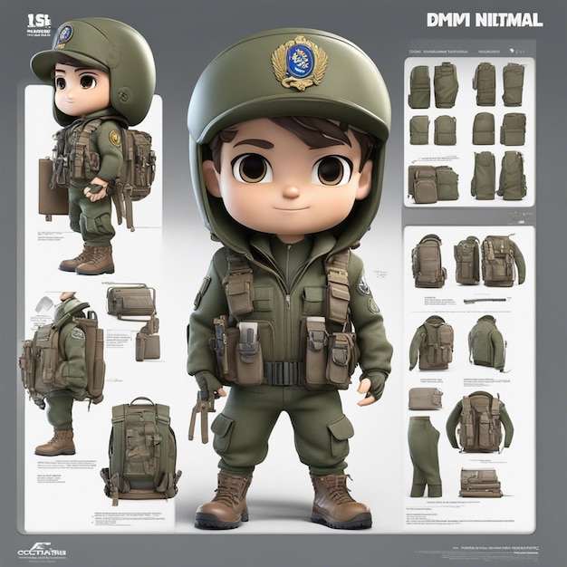 Un lindo personaje de soldado del ejército Chibistyle 3D con pistola y chaqueta usando una mochila