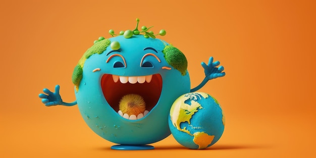 Lindo personaje de la Tierra riendo sobre fondo naranja Feliz día de la Tierra Día mundial de la risa Generativo ai