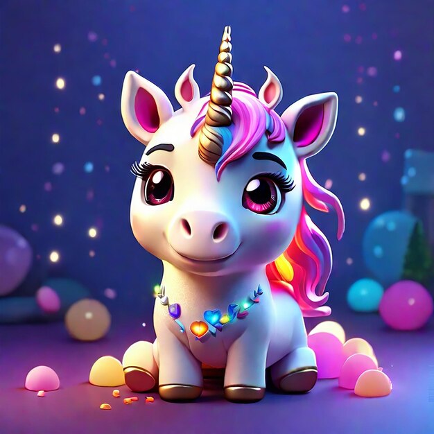 Foto un lindo personaje unicornio con luces coloridas generadas por ia.