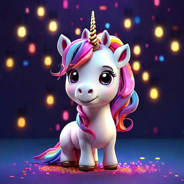 Foto un lindo personaje unicornio con luz colorida generada por la ia