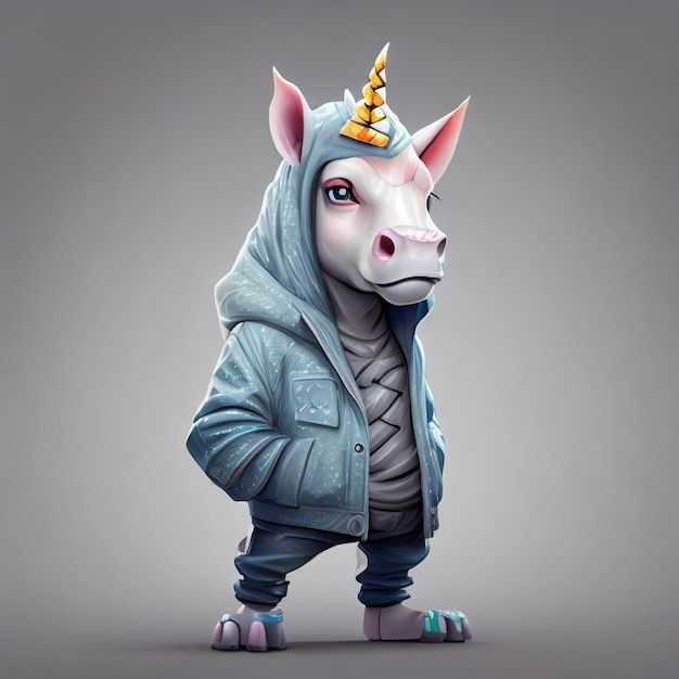 Lindo personaje de unicornio con ropa estética de calle.