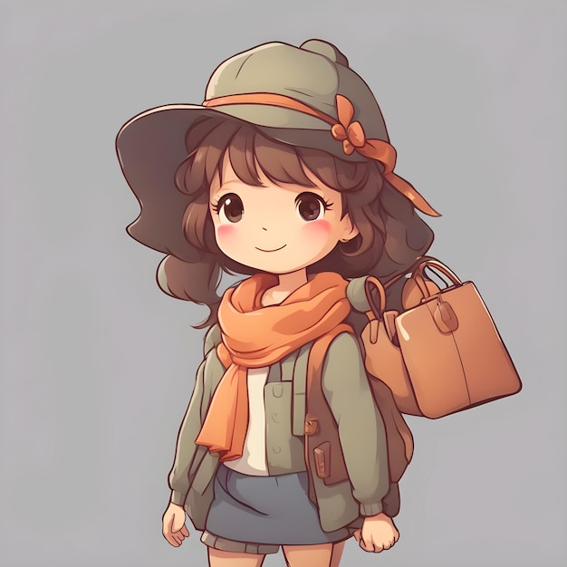 Lindo personaje de vector de niña con sombrero y bolso