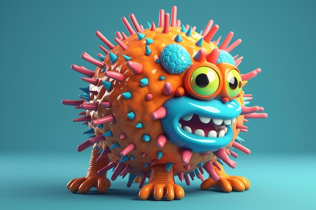 El lindo personaje de virus azul ilustra el renderizado 3D en fondo azul