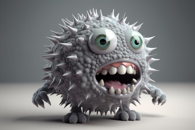 El lindo personaje de virus azul ilustra el renderizado 3D en fondo azul