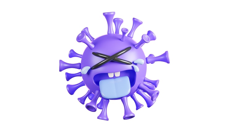 Lindo personaje de virus de colona púrpura llorando sobre fondo blanco., Vacuna covid-19., Modelo 3d e ilustración.