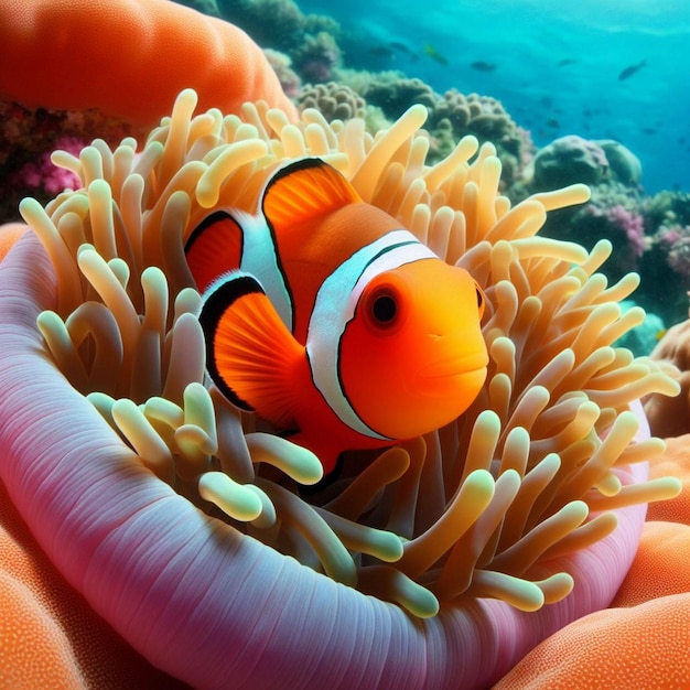 Un lindo pez anémona jugando en el arrecife de coral un hermoso pez payaso de color en los arrecifes de coral