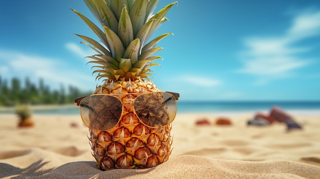 Lindo piña con gafas de sol de pie en la playa