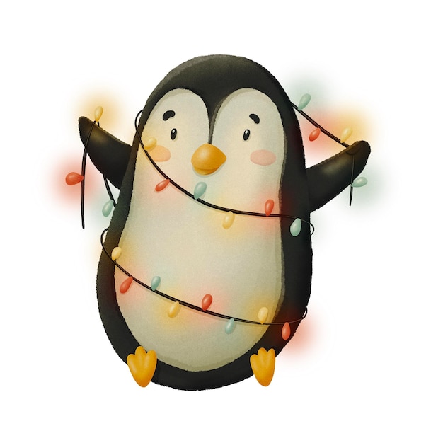 Un lindo pingüino de dibujos animados está sentado con una guirnalda festiva bombillas de luz ilustración dibujada a mano aislada