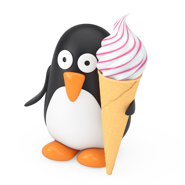 Lindo pingüino de dibujos animados de juguete blanco y negro con helado suave en cono de helado crujiente de gofre sobre un fondo blanco. Representación 3D