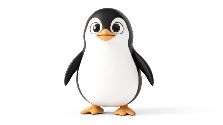 Un lindo pingüino de dibujos animados de pie alegremente sobre un fondo blanco con grandes ojos expresivos