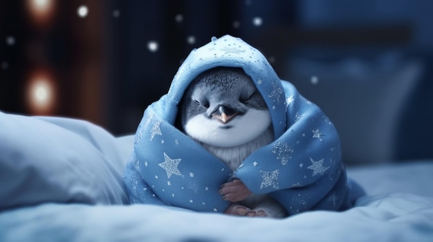 Un lindo pingüino durmiendo en la cama viste un prie azul pálido Generative Ai