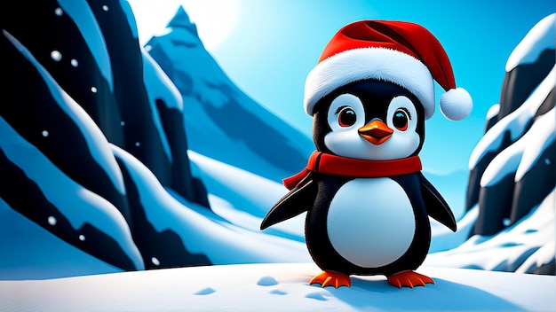 Lindo pingüino con gorro de Papá Noel en un paisaje invernal