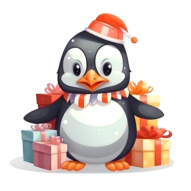 Lindo pingüino con regalos de Navidad ilustración vectorial de dibujos animados