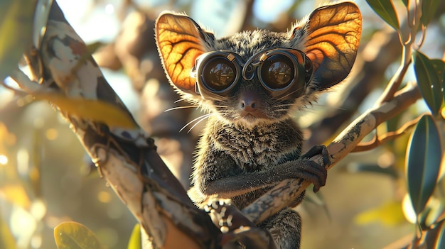 Un lindo planeador de azúcar con gafas steampunk se alza en una rama mirando al mundo con curiosidad y asombro en sus ojos