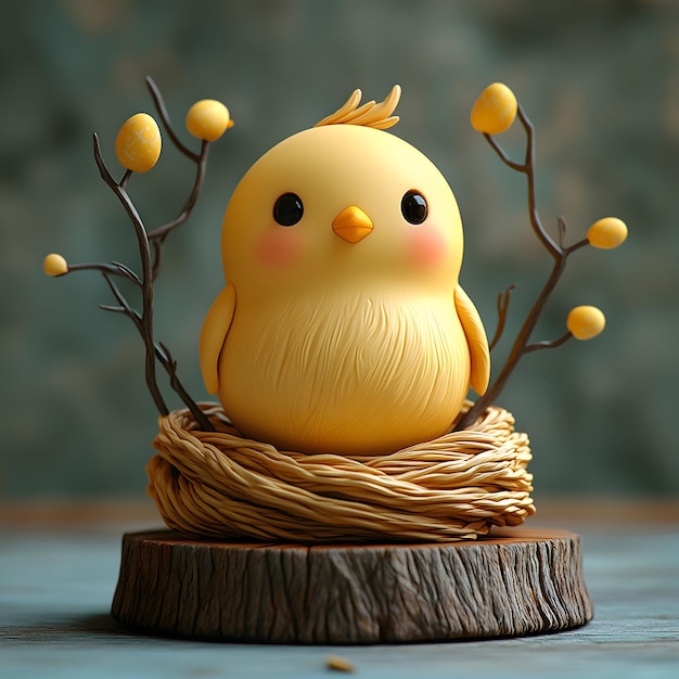 El lindo pollo de Pascua en un nido con huevos