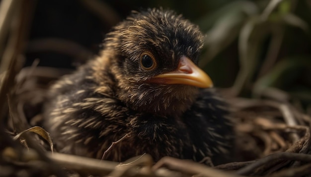 Un lindo polluelo amarillo sale de un nido de animales en la naturaleza generado por la IA