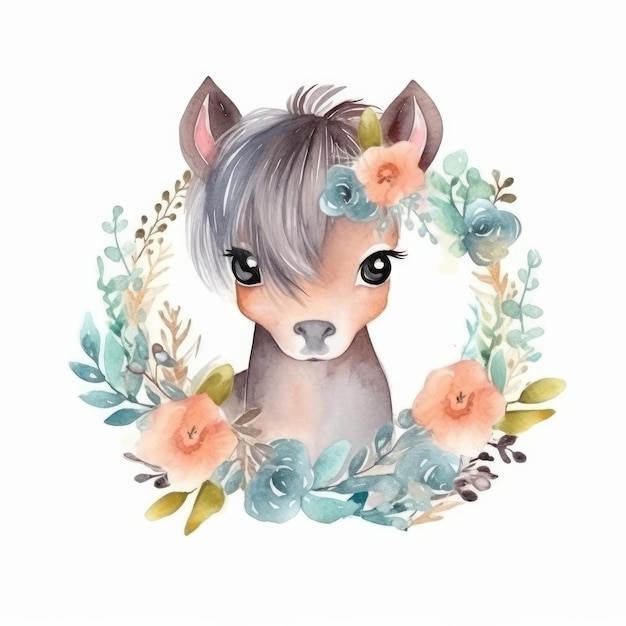 Lindo pony de acuarela Ilustración AI GenerativexA