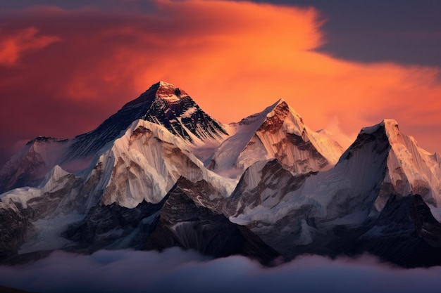 Lindo pôr-do-sol no Himalaia Nascer do sol nas montanhas Céu crepúsculo sobre o Monte Everest Nuptse Lhotse e Makalu no Nepal Himalaia AI Gerado