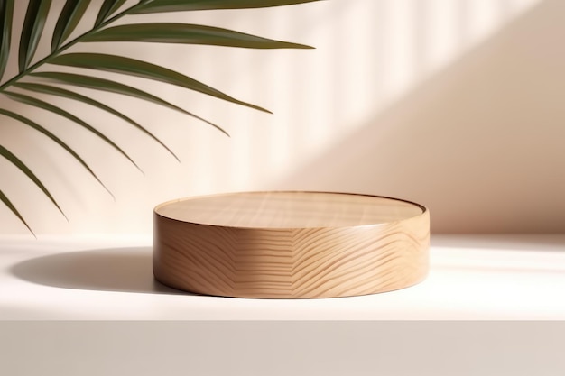 Lindo prato de pódio de madeira redonda com grãos de madeira à luz do sol gerado por IA