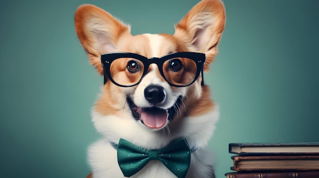 Lindo profesor de corgi con gafas con una pila de libros Imagen generada por IA