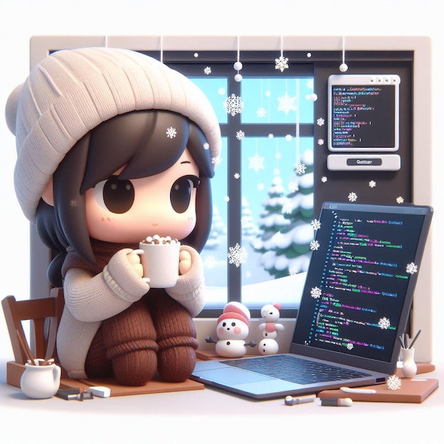 El lindo programador de chibi de estilo 3D vestido con un suéter acogedor y bebiendo cacao caliente mirando fijamente